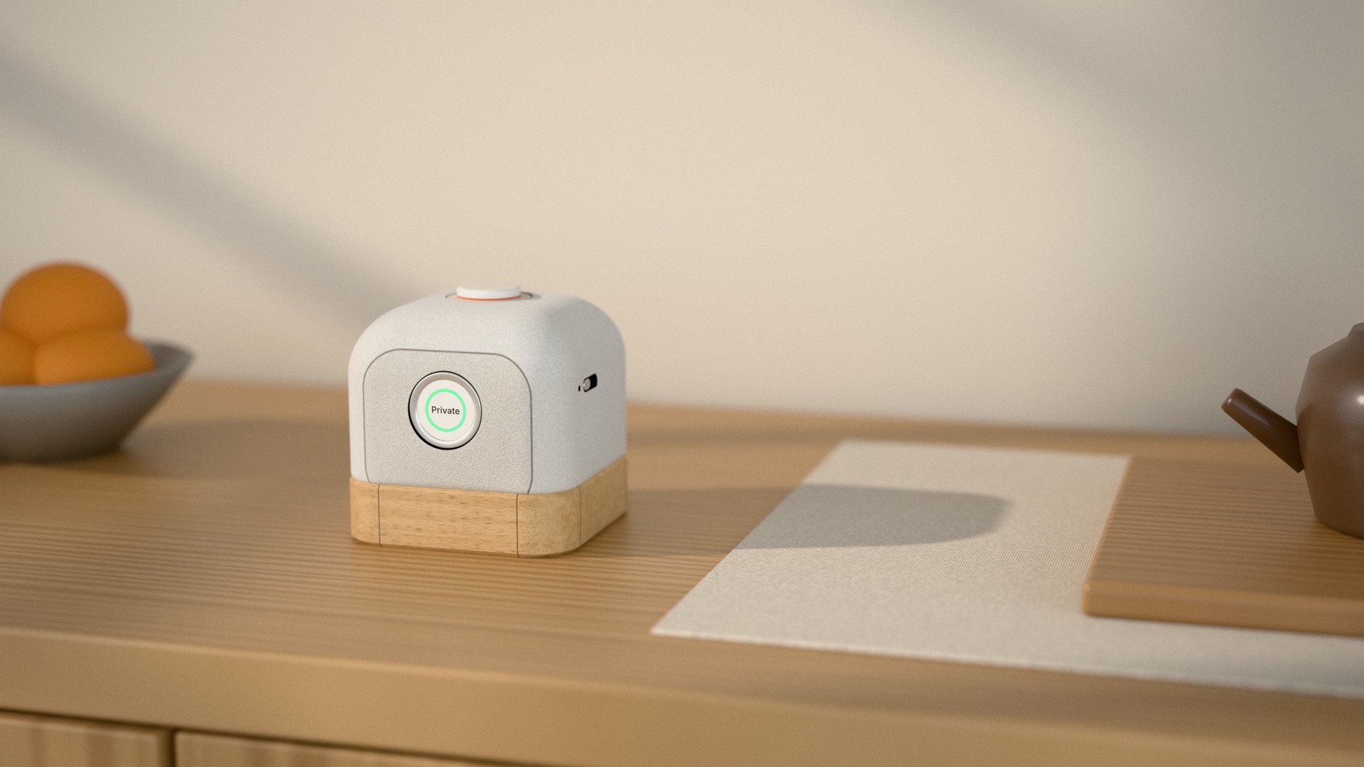 Concept render, not a photo of a real product: Closer, on the sideboard.