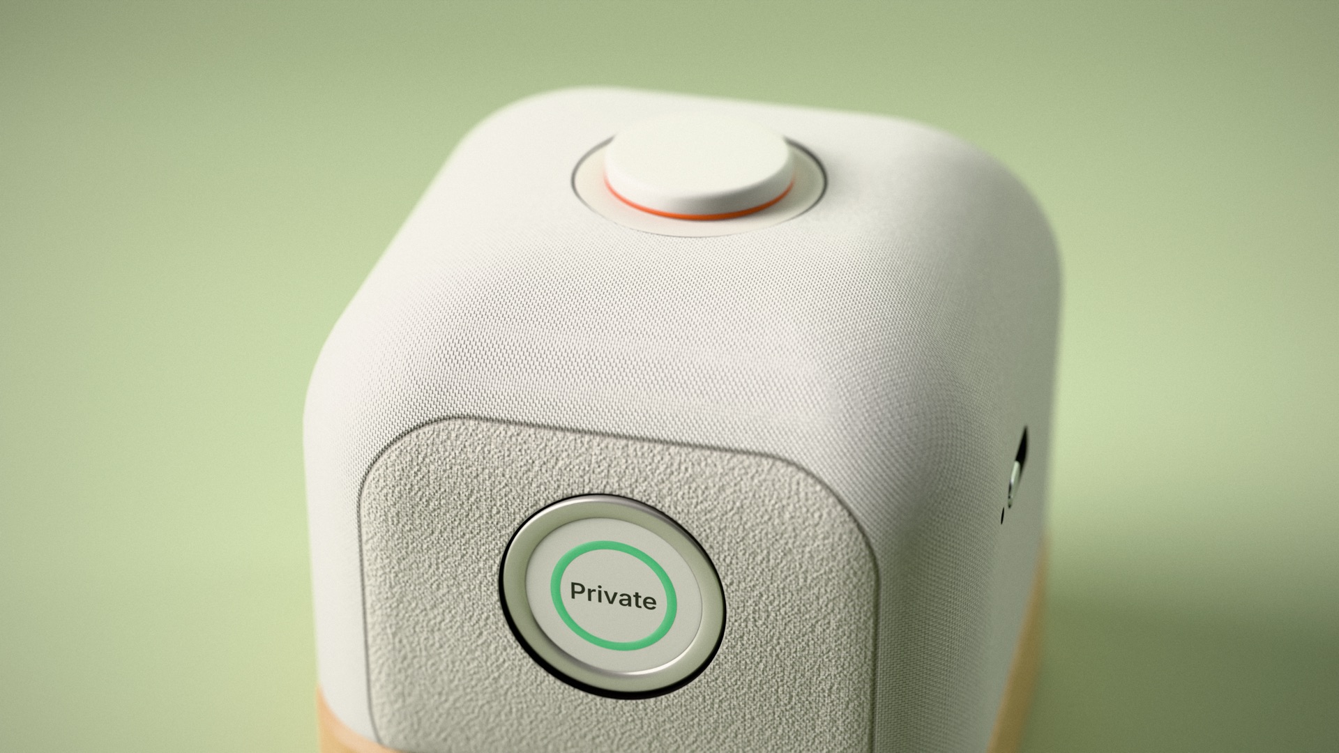 Concept render, not a photo of a real product: From above: the help button on top, with the Private status disc below.