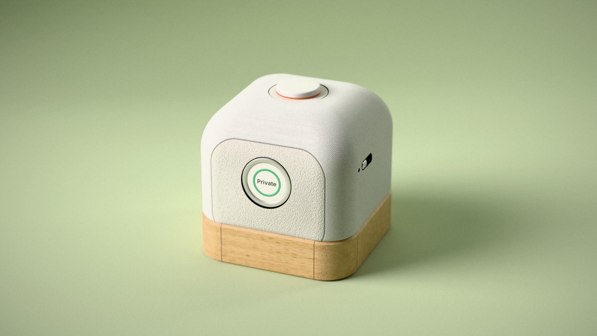 Concept render, not a photo of a real product: Three-quarter view: fabric cube, help button on top, Private status disc on the front, oak base.