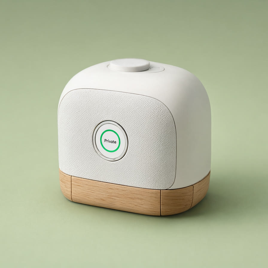 Concept render: a soft off-white fabric cube on an oak base, a round display with a green ring showing the word Private, and a small white button on top.