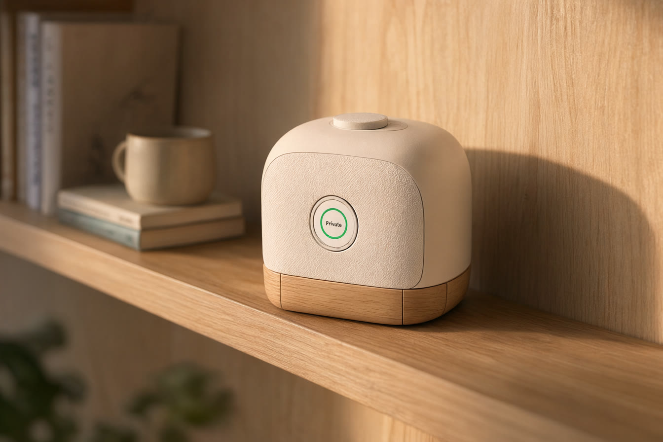 Concept render of the Mamori device on a light wooden shelf in warm light, next to a stack of books and a mug: a white fabric-covered cube on a light-oak base, with a small round help button on top and a round status disc on the front showing a green light ring and the word Private