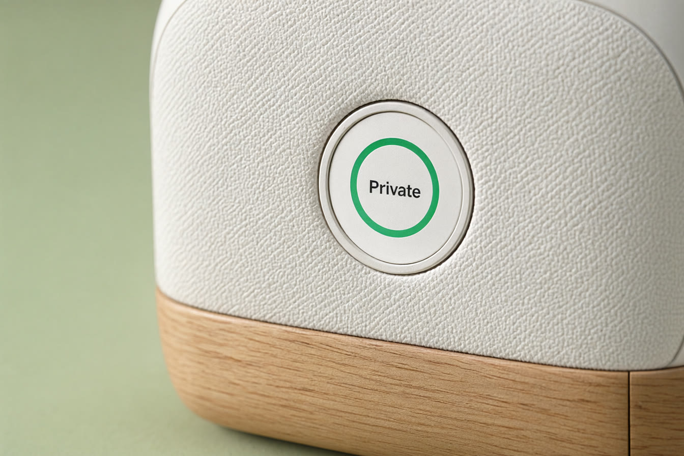 Concept render, close-up: the textured off-white fabric front with the round status disc, a green ring and the word Private, above the light oak base